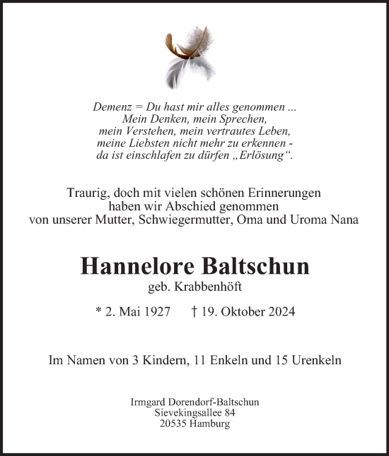 Traueranzeige von Hannelore Baltschun von Hamburger Abendblatt