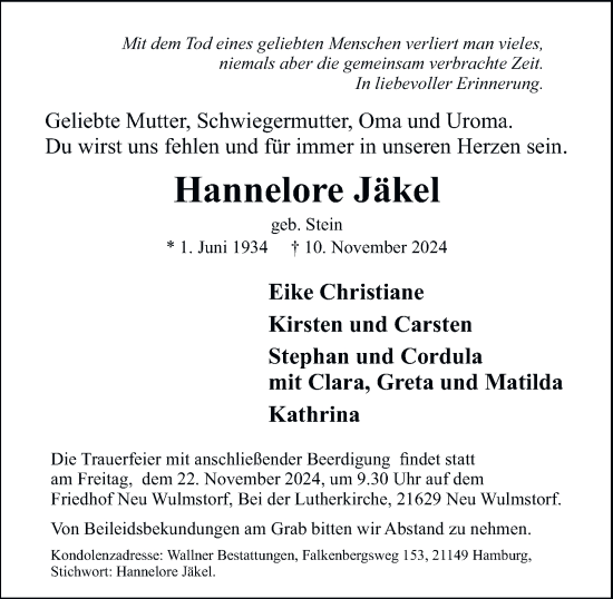 Traueranzeige von Hannelore Jäkel von Hamburger Abendblatt