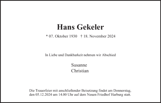 Traueranzeige von Hans Gekeler von HA Regio Harburg