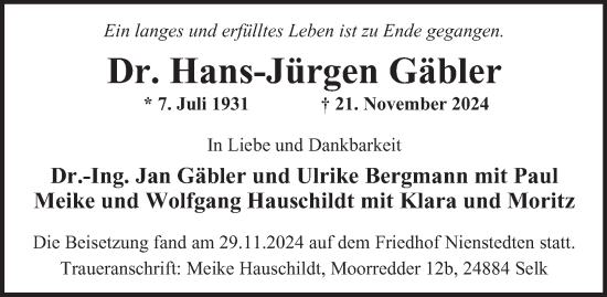 Traueranzeige von Hans-Jürgen Gäbler von Hamburger Abendblatt