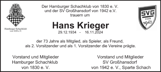 Traueranzeige von Hans Krieger von Hamburger Abendblatt