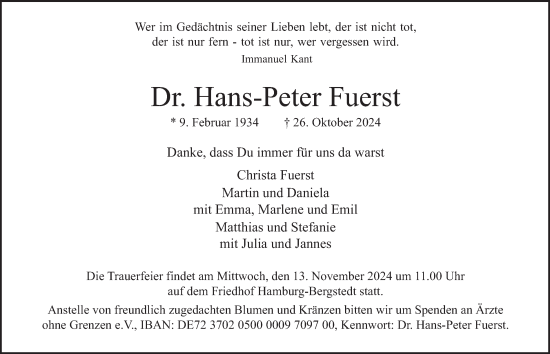 Traueranzeige von Hans-Peter Fuerst von Hamburger Abendblatt