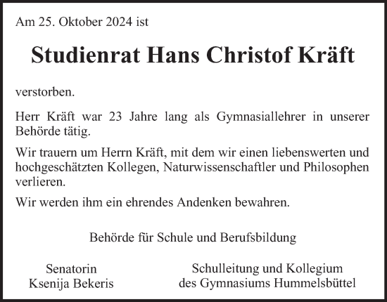 Traueranzeige von Hans Christof Kräft von Hamburger Abendblatt