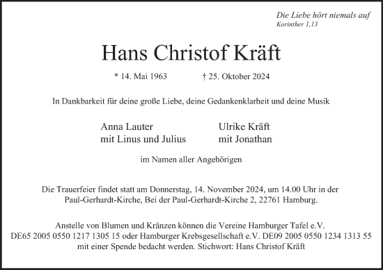 Traueranzeige von Hans Christof Kräft von Hamburger Abendblatt