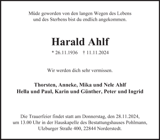 Traueranzeige von Harald Ahlf von Hamburger Abendblatt