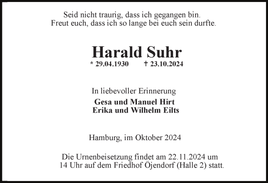 Traueranzeige von Harald Suhr von Hamburger Abendblatt