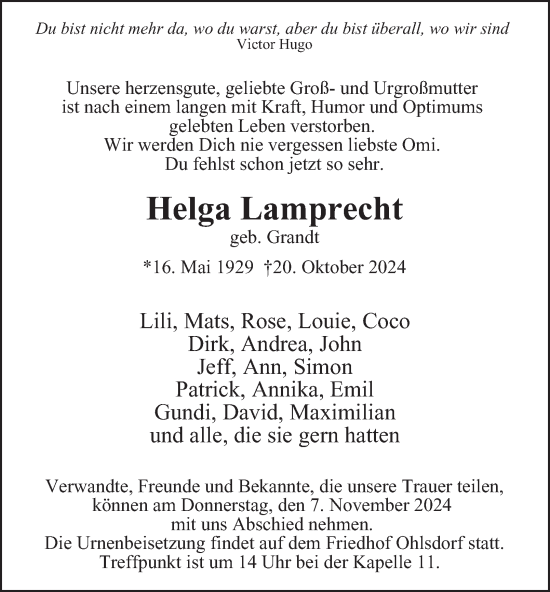 Traueranzeige von Helga Lamprecht von Hamburger Abendblatt