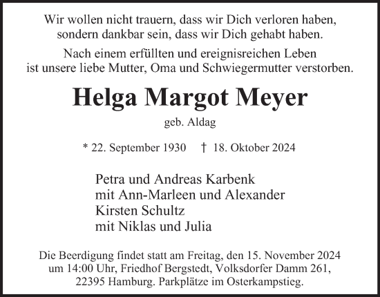 Traueranzeige von Helga Margot Meyer von Hamburger Abendblatt