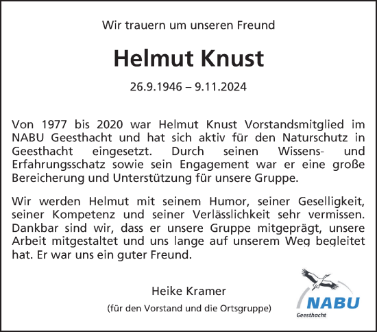 Traueranzeige von Helmut Knust von Bergedorfer Zeitung