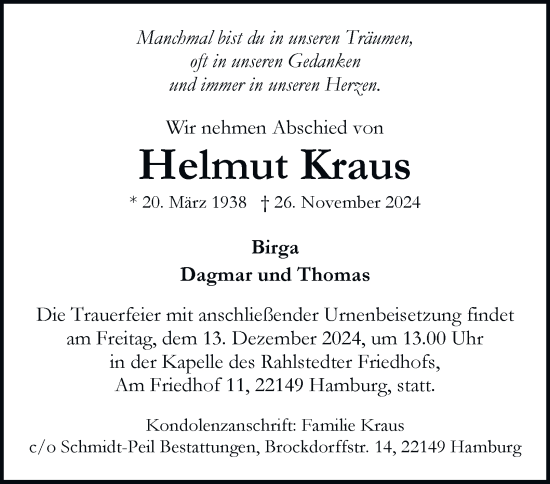 Traueranzeige von Helmut Kraus von Hamburger Abendblatt