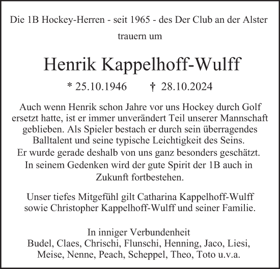 Traueranzeige von Henrik Kappelhoff-Wulff von Hamburger Abendblatt