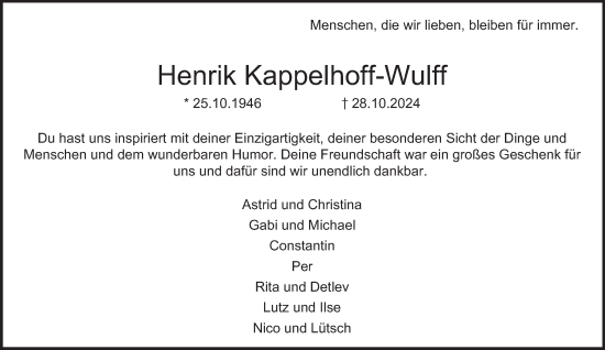 Traueranzeige von Henrik Kappelhoff-Wulff von Hamburger Abendblatt