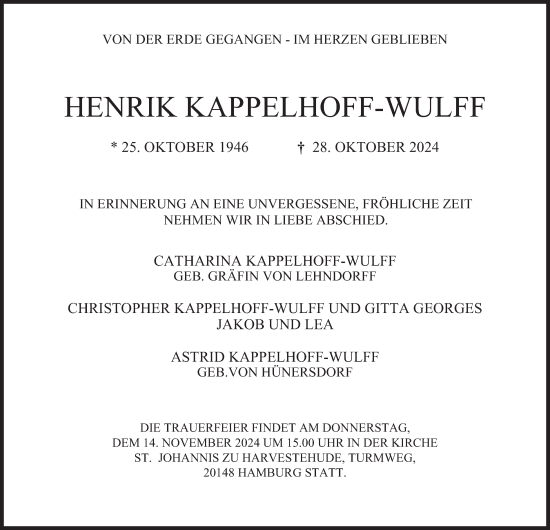 Traueranzeige von Henrik Kappelhoff-Wulff von Hamburger Abendblatt