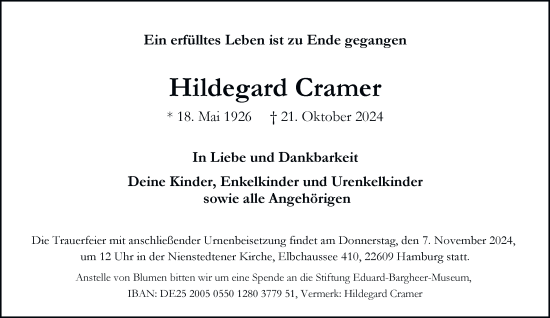 Traueranzeige von Hildegard Cramer von Hamburger Abendblatt