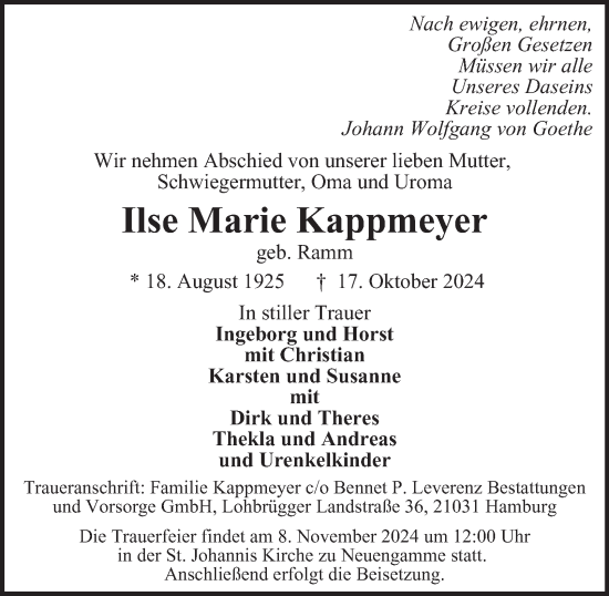 Traueranzeige von Ilse Marie Kappmeyer von Bergedorfer Zeitung