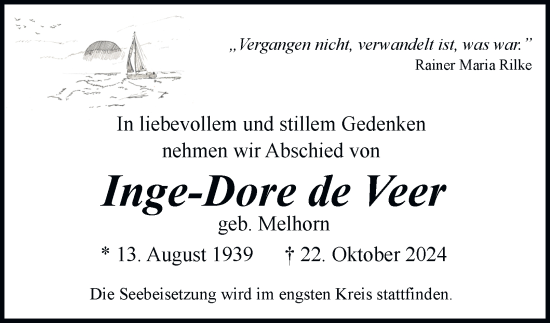 Traueranzeige von Inge-Dore de Veer von Hamburger Abendblatt