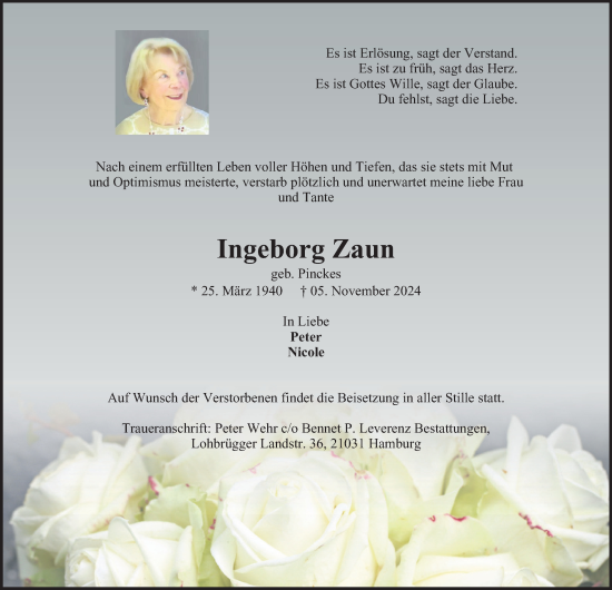 Traueranzeige von Ingeborg Zaun von Bergedorfer Zeitung