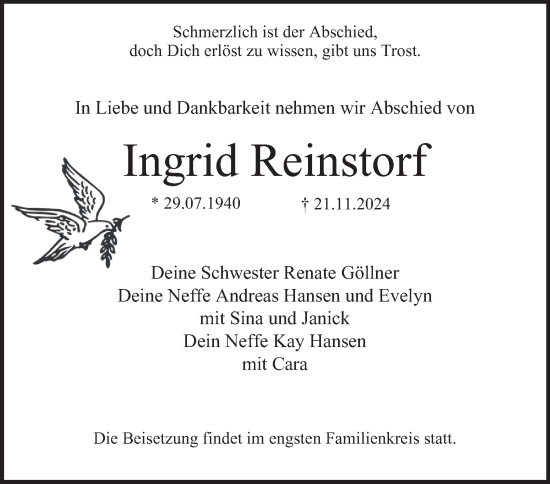 Traueranzeige von Ingrid Reinstorf von Hamburger Abendblatt