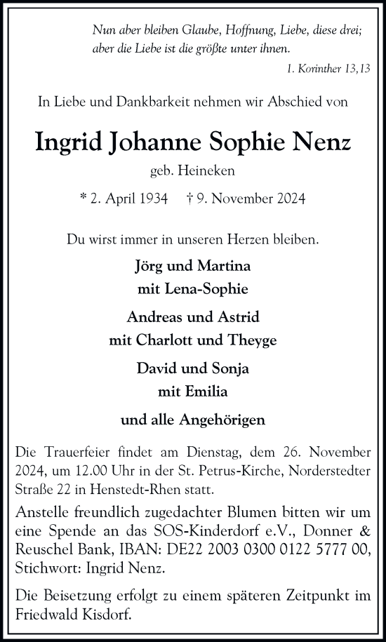 Traueranzeige von Ingrid Johanne Sophie Nenz von Hamburger Abendblatt