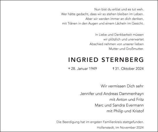 Traueranzeige von Ingried Sternberg von Hamburger Abendblatt