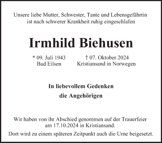 Traueranzeige von Irmhild Biehusen von Hamburger Abendblatt