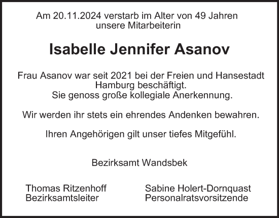 Traueranzeige von Isabelle Jennifer Asanov von Hamburger Abendblatt