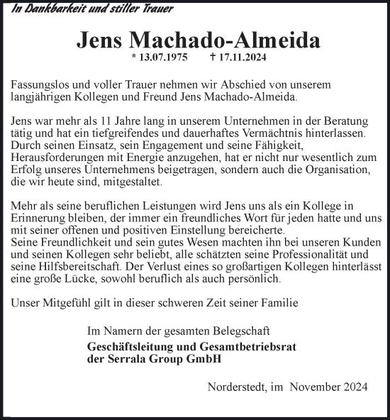 Traueranzeige von Jens Machado-Almeida von Hamburger Abendblatt, HA Regio Norderstedt