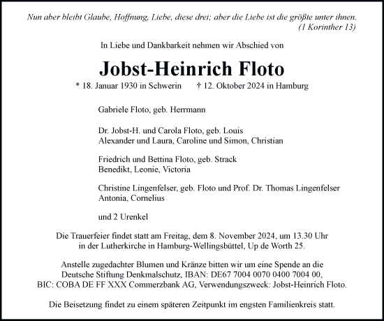 Traueranzeige von Jobst-Heinrich Floto von Hamburger Abendblatt