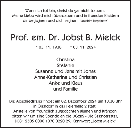 Traueranzeige von Jobst B. Mielck von Hamburger Abendblatt