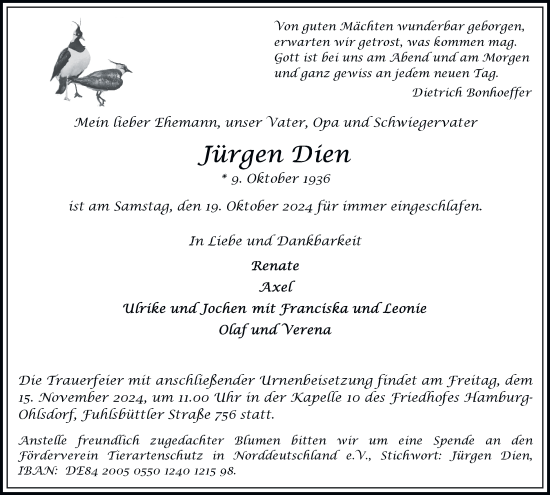 Traueranzeige von Jürgen Dien von Hamburger Abendblatt