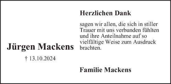 Traueranzeige von Jürgen Mackens von Bergedorfer Zeitung