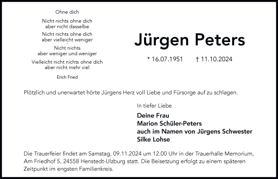 Traueranzeige von Jürgen Peters von Hamburger Abendblatt