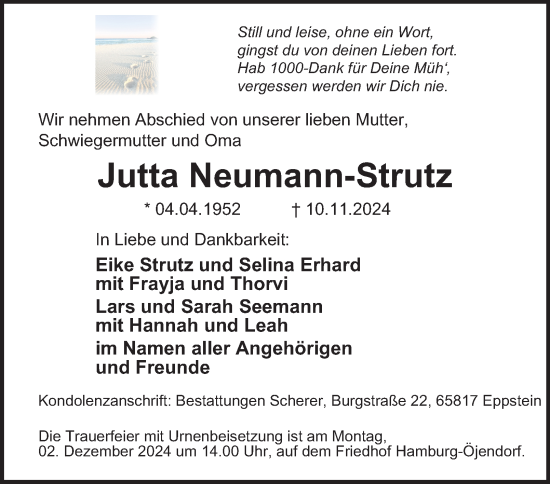 Traueranzeige von Jutta Neumann-Strutz von Hamburger Abendblatt