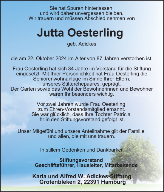Traueranzeige von Jutta Oesterling von Hamburger Abendblatt
