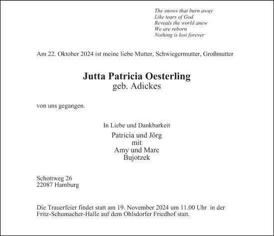 Traueranzeige von Jutta Patricia Oesterling von Hamburger Abendblatt