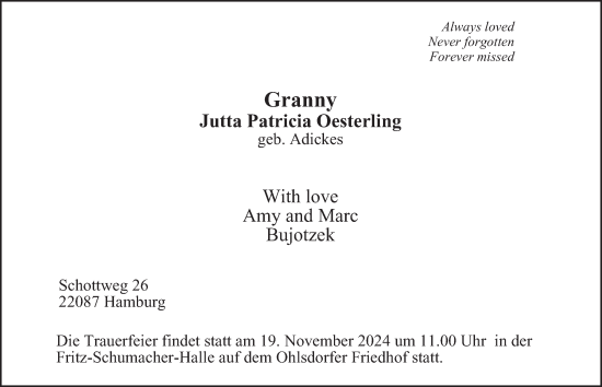 Traueranzeige von Jutta Patricia Oesterling von Hamburger Abendblatt