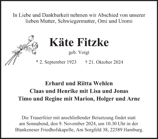 Traueranzeige von Käte Fitzke von Hamburger Abendblatt