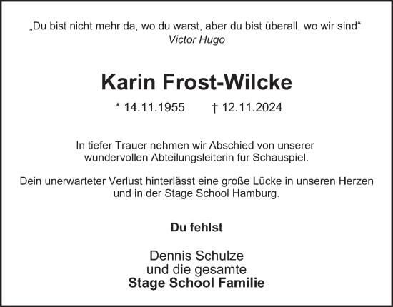 Traueranzeige von Karin Frost-Wilcke von Hamburger Abendblatt