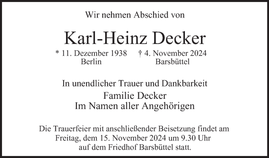 Traueranzeige von Karl-Heinz Decker 