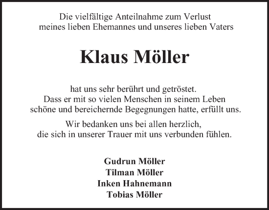 Traueranzeige von Klaus Möller von Bergedorfer Zeitung