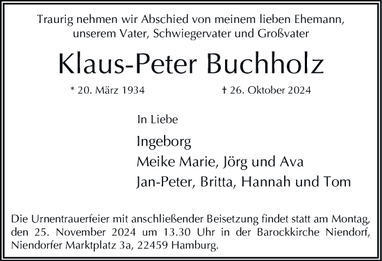 Traueranzeige von Klaus-Peter Buchholz von Hamburger Abendblatt