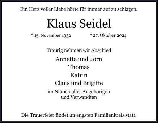 Traueranzeige von Klaus Seidel von Hamburger Abendblatt