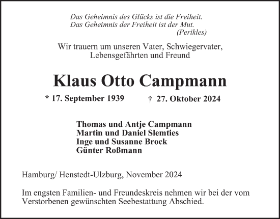 Traueranzeige von Klaus Otto Campmann von Hamburger Abendblatt