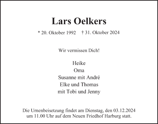 Traueranzeige von Lars Oelkers 