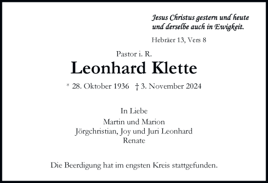 Traueranzeige von Leonhard Klette 