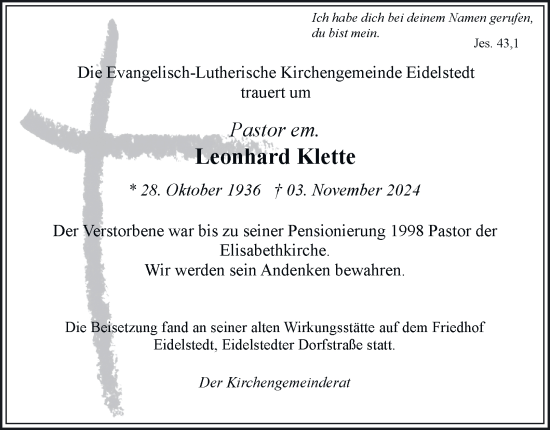 Traueranzeige von Leonhard Klette 