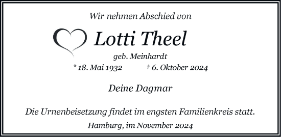 Traueranzeige von Lotti Theel von Hamburger Abendblatt