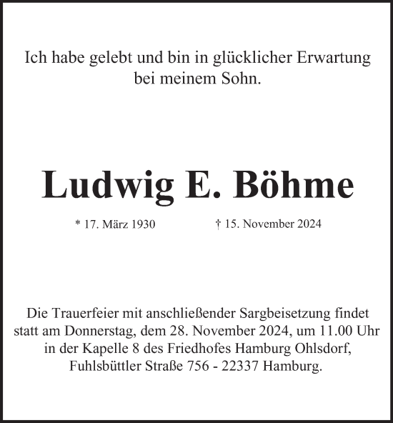 Traueranzeige von Ludwig  Böhme von Hamburger Abendblatt