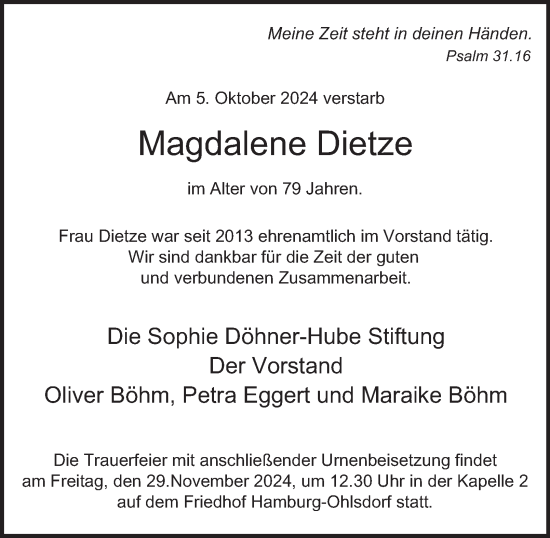 Traueranzeige von Magdalene Dietze von Hamburger Abendblatt