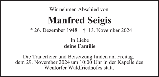 Traueranzeige von Manfred Seigis von Bergedorfer Zeitung